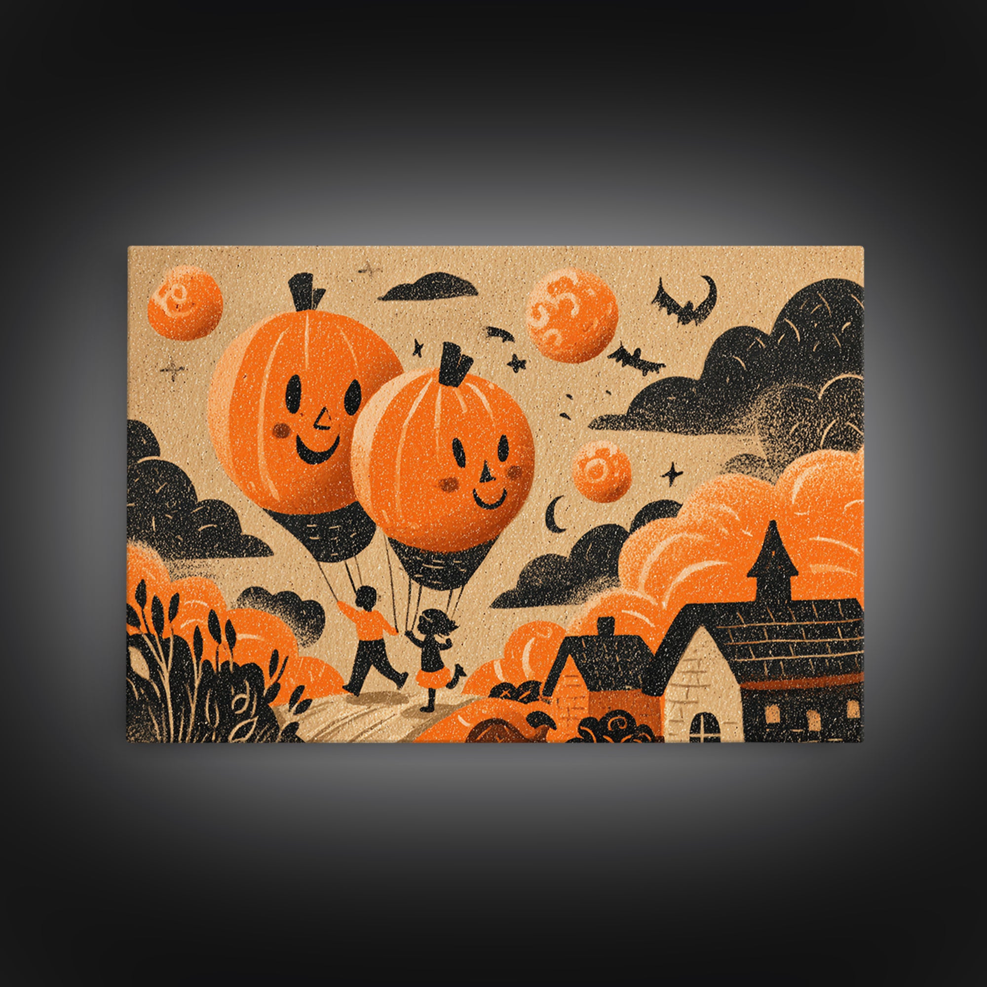 The Pumpkin Balloon Parade, Linocut Halloween Art, Landscape Wall Art, Framed Canvas Print, Cute Halloween Wall Art