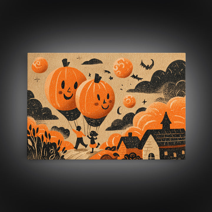 The Pumpkin Balloon Parade, Linocut Halloween Art, Landscape Wall Art, Framed Canvas Print, Cute Halloween Wall Art