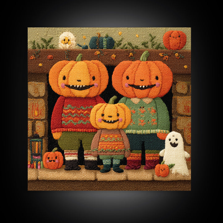The Pumpkin Family Portrait, Embroidered Halloween Art, Square Wall Art, Canvas Print, Cute Halloween Wall Art