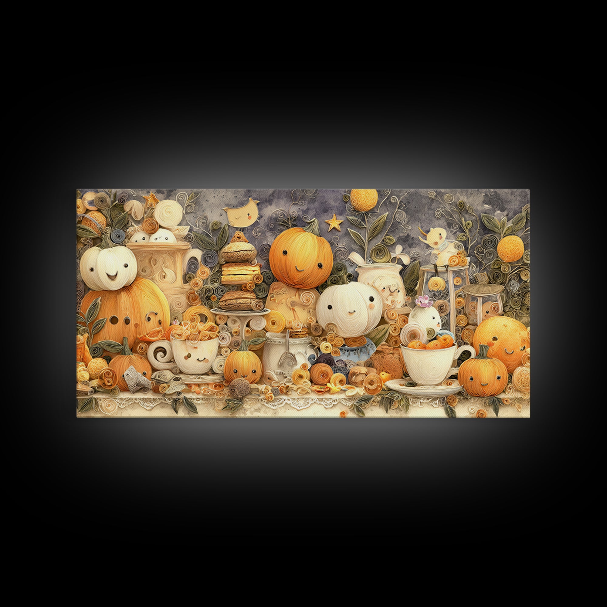 The Pumpkin Tea Party, Quilled Halloween Art, Wide Panoramic Art, Framed Canvas Print, Cute Halloween Wall Art