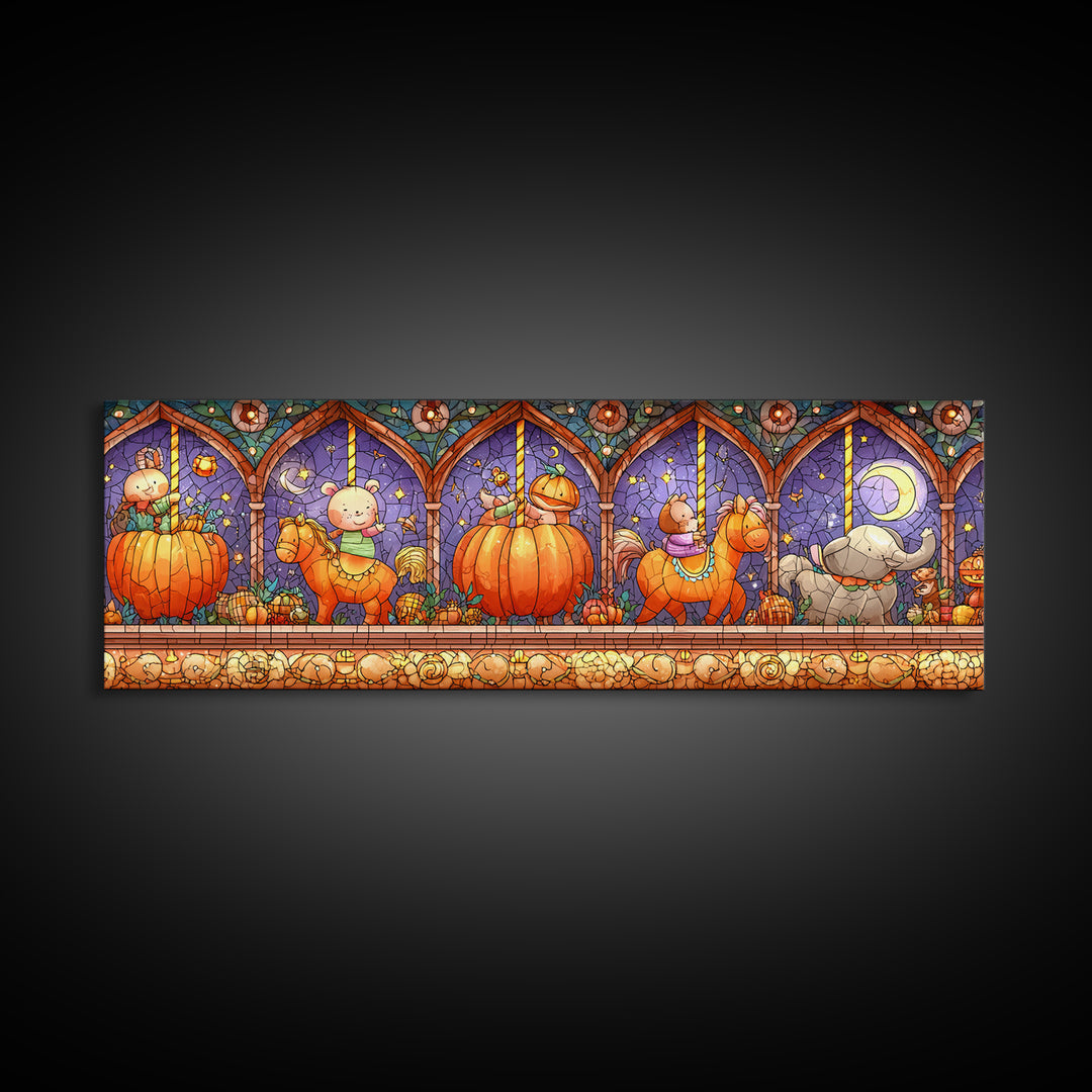 The Pumpkin Carousel, Stained Glass Halloween, Extra Wide Wall Art, Canvas Print, Cute Halloween Wall Art