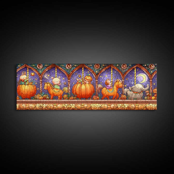 The Pumpkin Carousel, Stained Glass Halloween, Extra Wide Wall Art, Canvas Print, Cute Halloween Wall Art