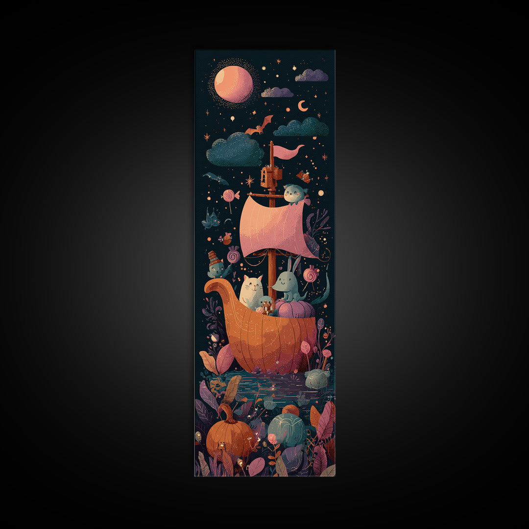 The Pumpkin Sailboat, Vaporwave Halloween Art, Tall Narrow Wall Art, Framed Canvas Print, Cute Halloween Wall Art