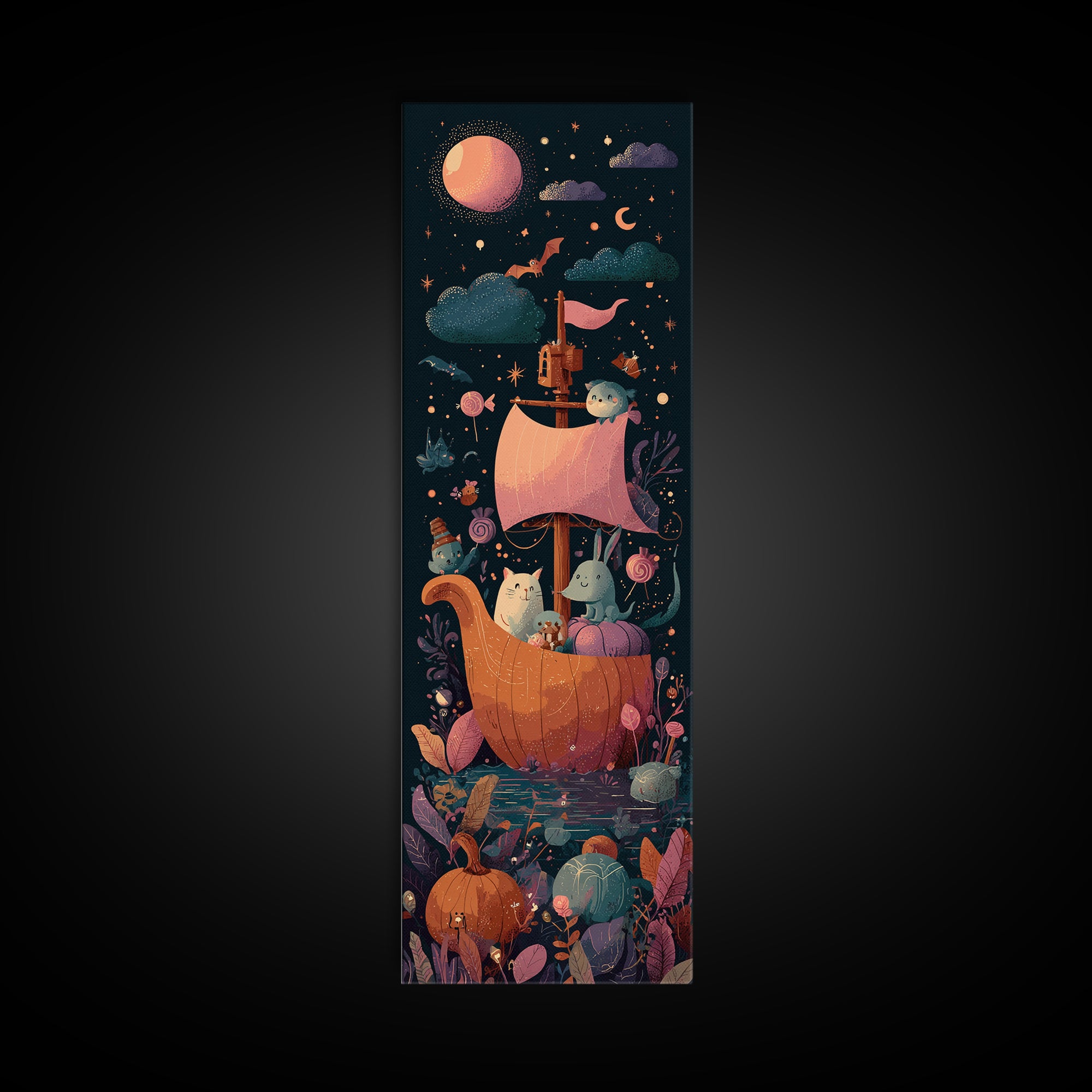 The Pumpkin Sailboat, Vaporwave Halloween Art, Tall Narrow Wall Art, Framed Canvas Print, Cute Halloween Wall Art
