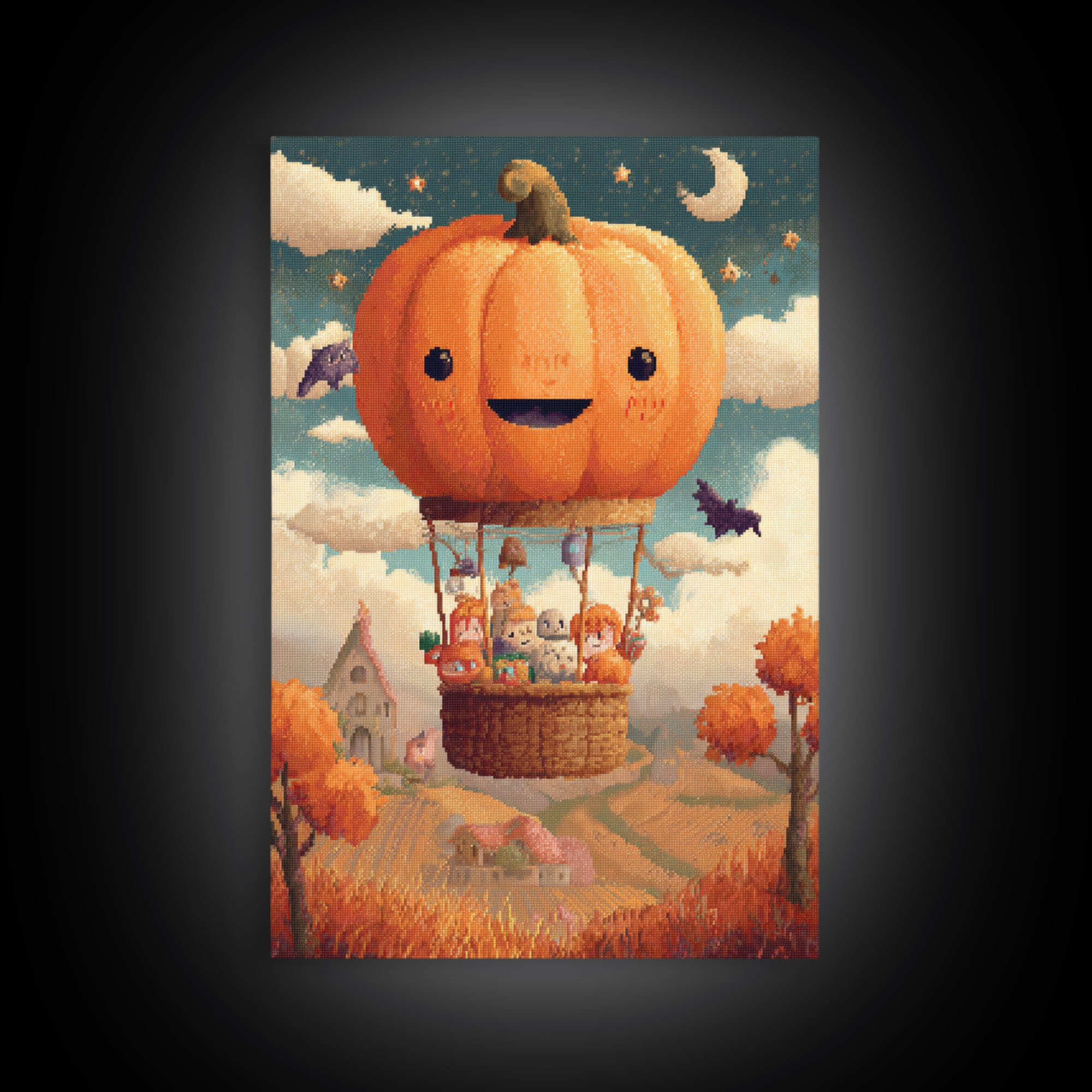 The Pumpkin Hot-Air Balloon, Pixel Halloween Art, Vertical Wall Art, Canvas Print, Cute Halloween Wall Art