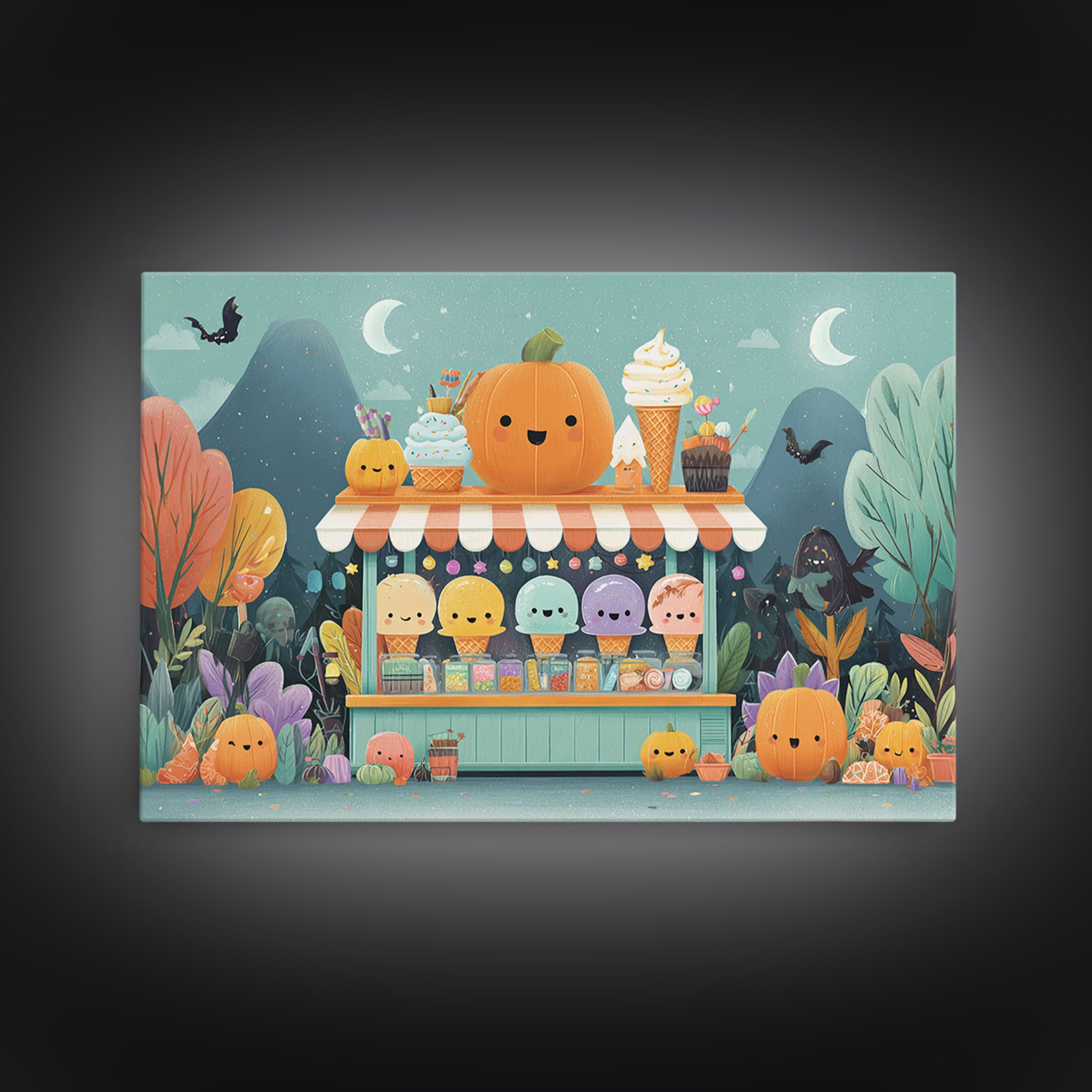 The Pumpkin Ice-Cream Stand, Vector Halloween Art, Landscape Wall Art, Framed Canvas Print, Cute Halloween Wall Art
