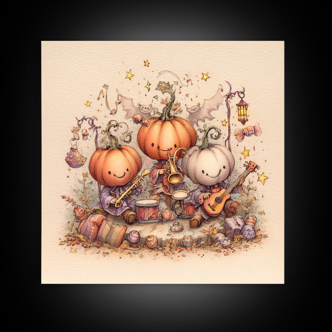The Pumpkin Music Band, Hand Sketch Halloween Art, Square Wall Art, Canvas Print, Cute Halloween Wall Art