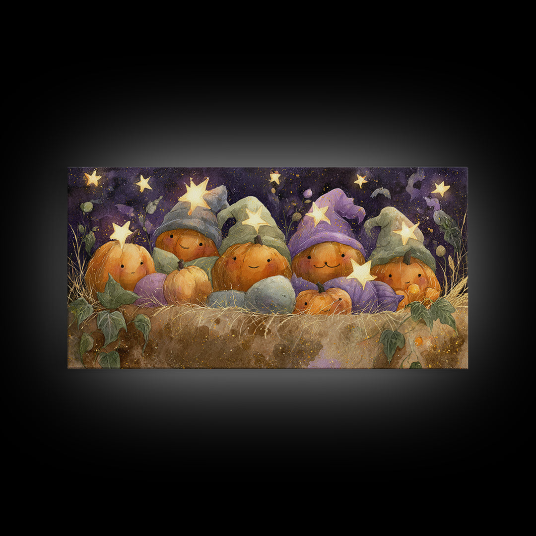 The Pumpkin Pajama Party, Watercolor Halloween Art, Wide Panoramic Art, Framed Canvas Print, Cute Halloween Wall Art