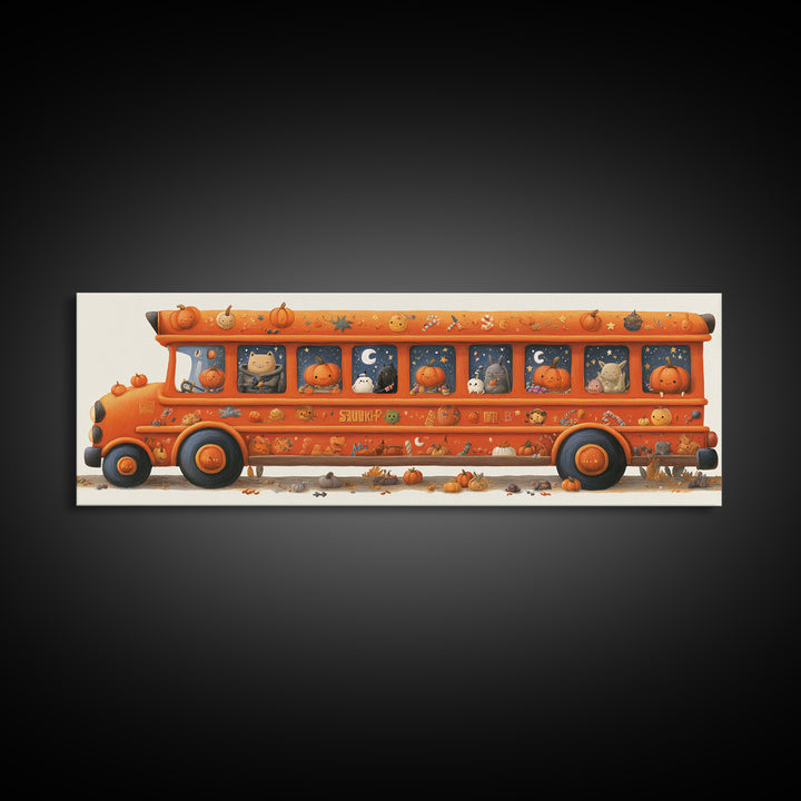 The Pumpkin School Bus, Gouache Halloween Art, Extra Wide Wall Art, Canvas Print, Cute Halloween Wall Art