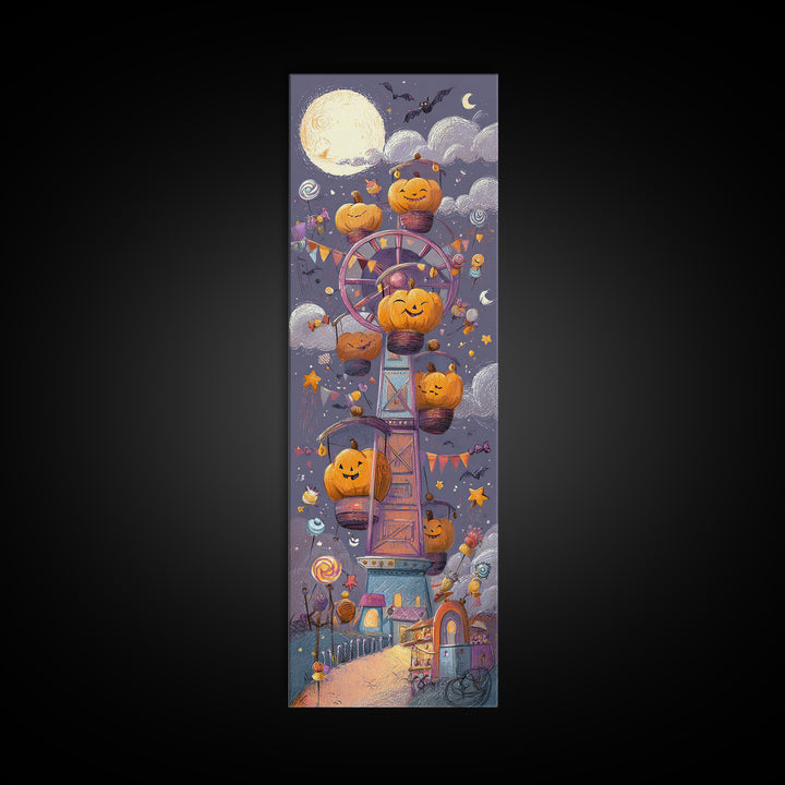 The Pumpkin Ferris Wheel, Crayon Halloween Art, Tall Narrow Wall Art, Framed Canvas Print, Cute Halloween Wall Art