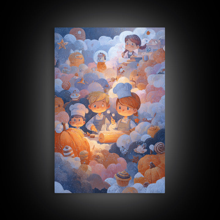 The Pumpkin Bakery, Pastel Halloween Art, Vertical Wall Art, Canvas Print, Cute Halloween Wall Art, Whimsical Nursery Decor