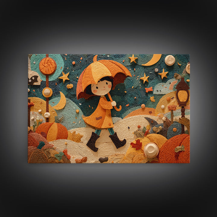 The Pumpkin Umbrella, Paper Collage Halloween, Landscape Wall Art, Framed Canvas Print, Cute Halloween Wall Art