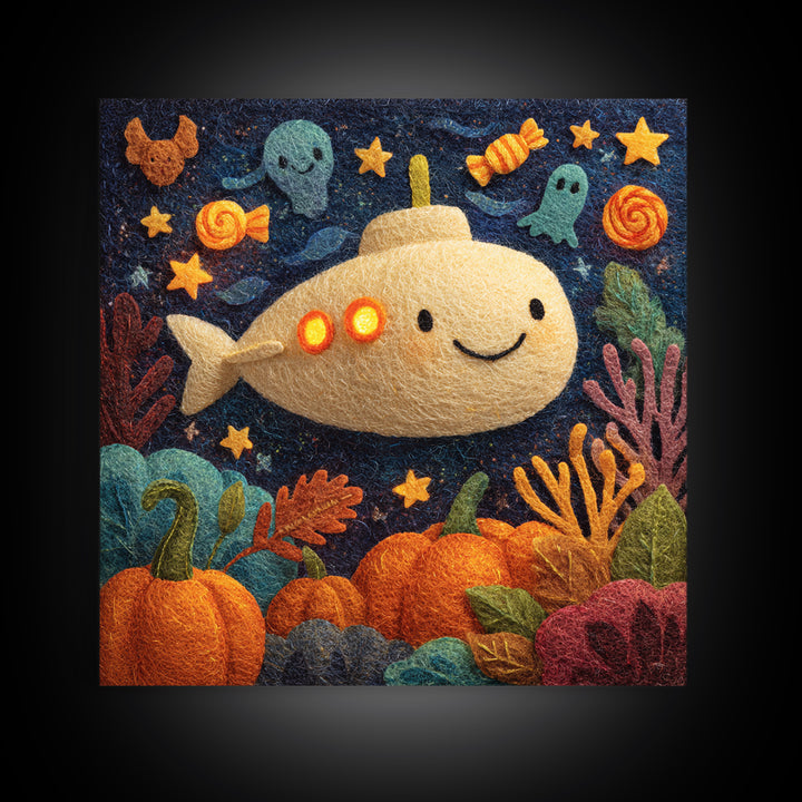 The Pumpkin Submarine, Felt Halloween Art, Square Wall Art, Canvas Print, Cute Halloween Wall Art, Halloween Kids Decor