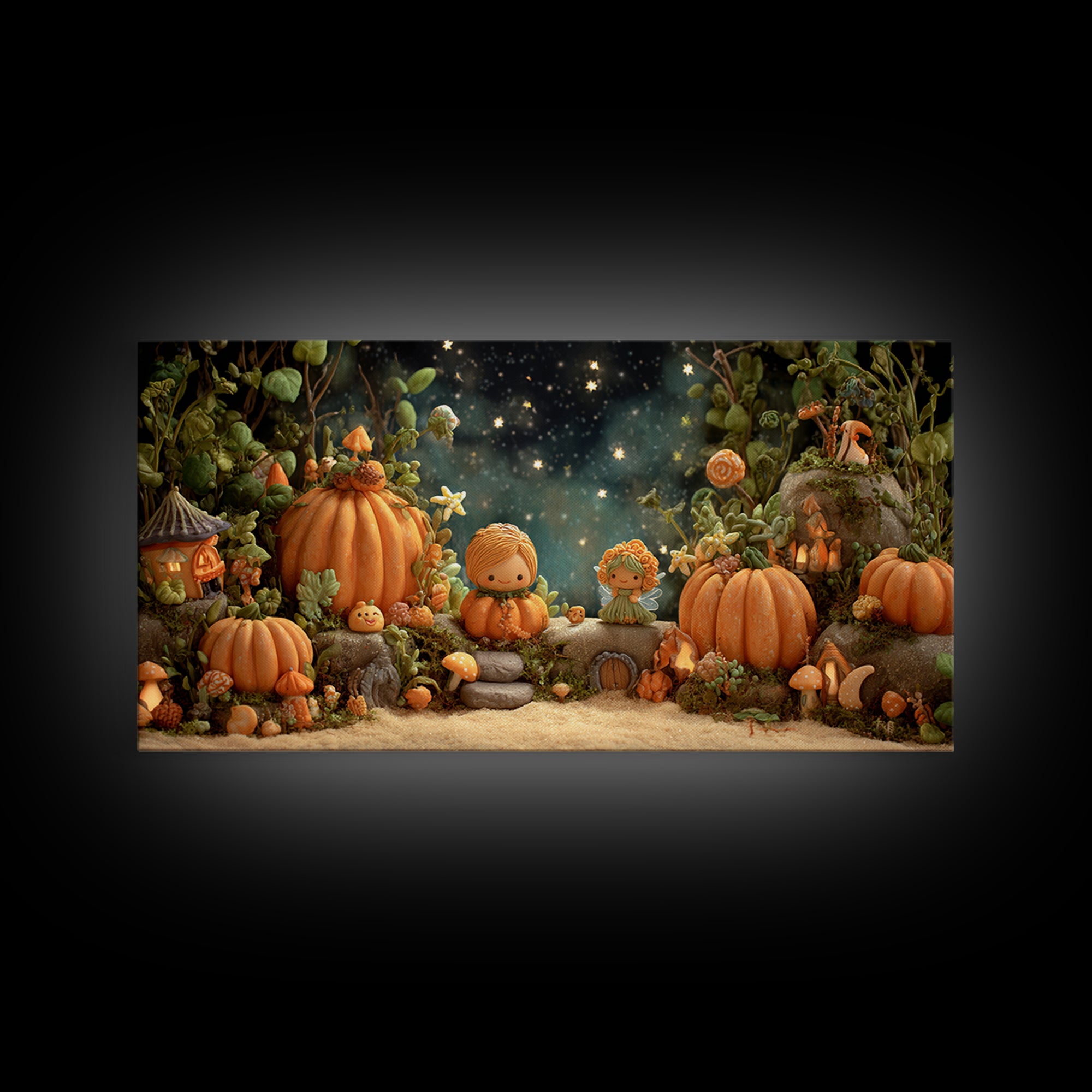 The Pumpkin Fairy Garden, Clay Halloween Art, Wide Panoramic Art, Framed Canvas Print, Cute Halloween Wall Art