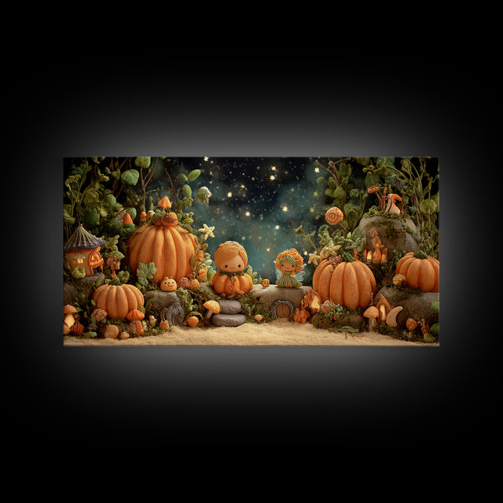 The Pumpkin Fairy Garden, Clay Halloween Art, Wide Panoramic Art, Framed Canvas Print, Cute Halloween Wall Art