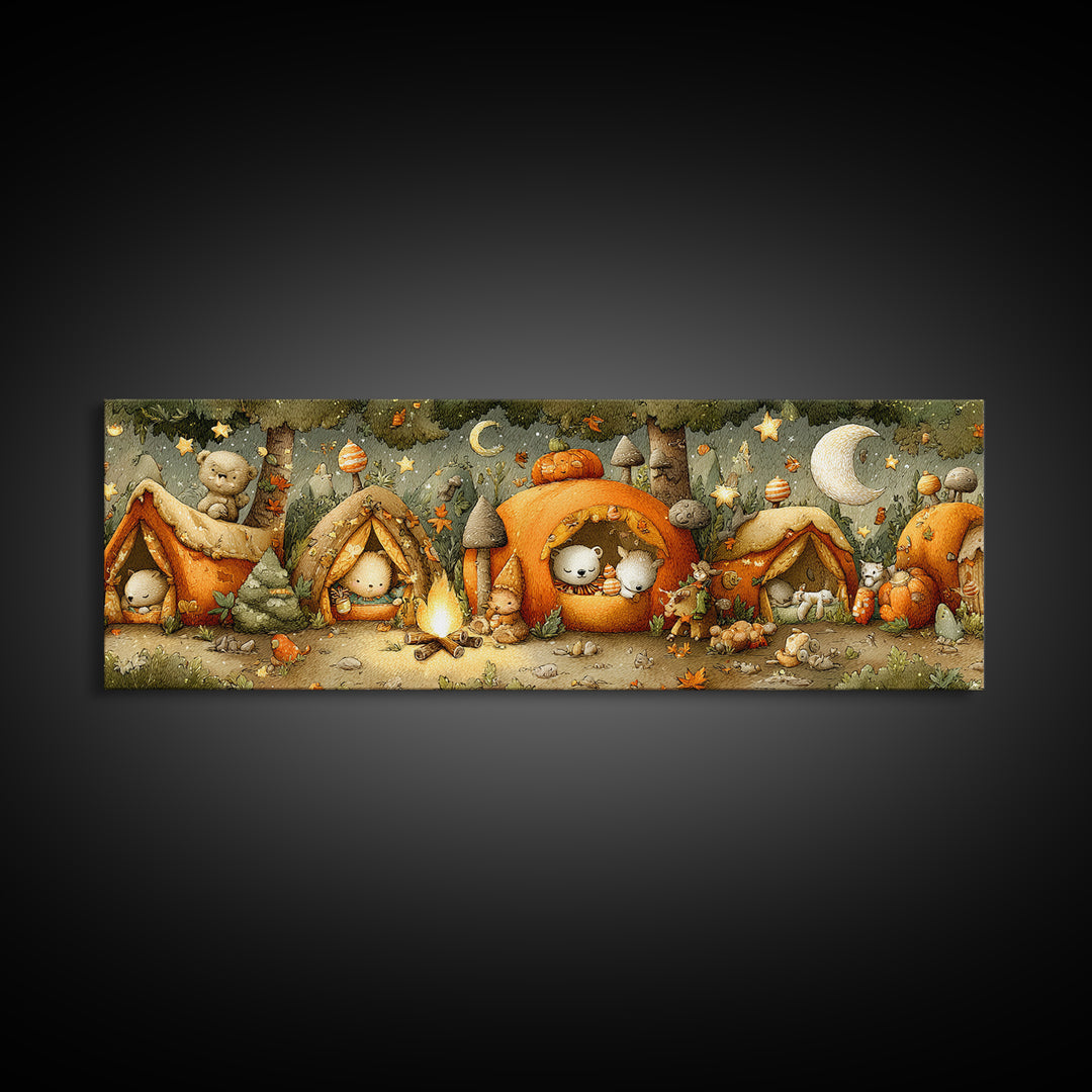 The Pumpkin Campout, Plush Halloween Art, Extra Wide Wall Art, Canvas Print, Cute Halloween Wall Art