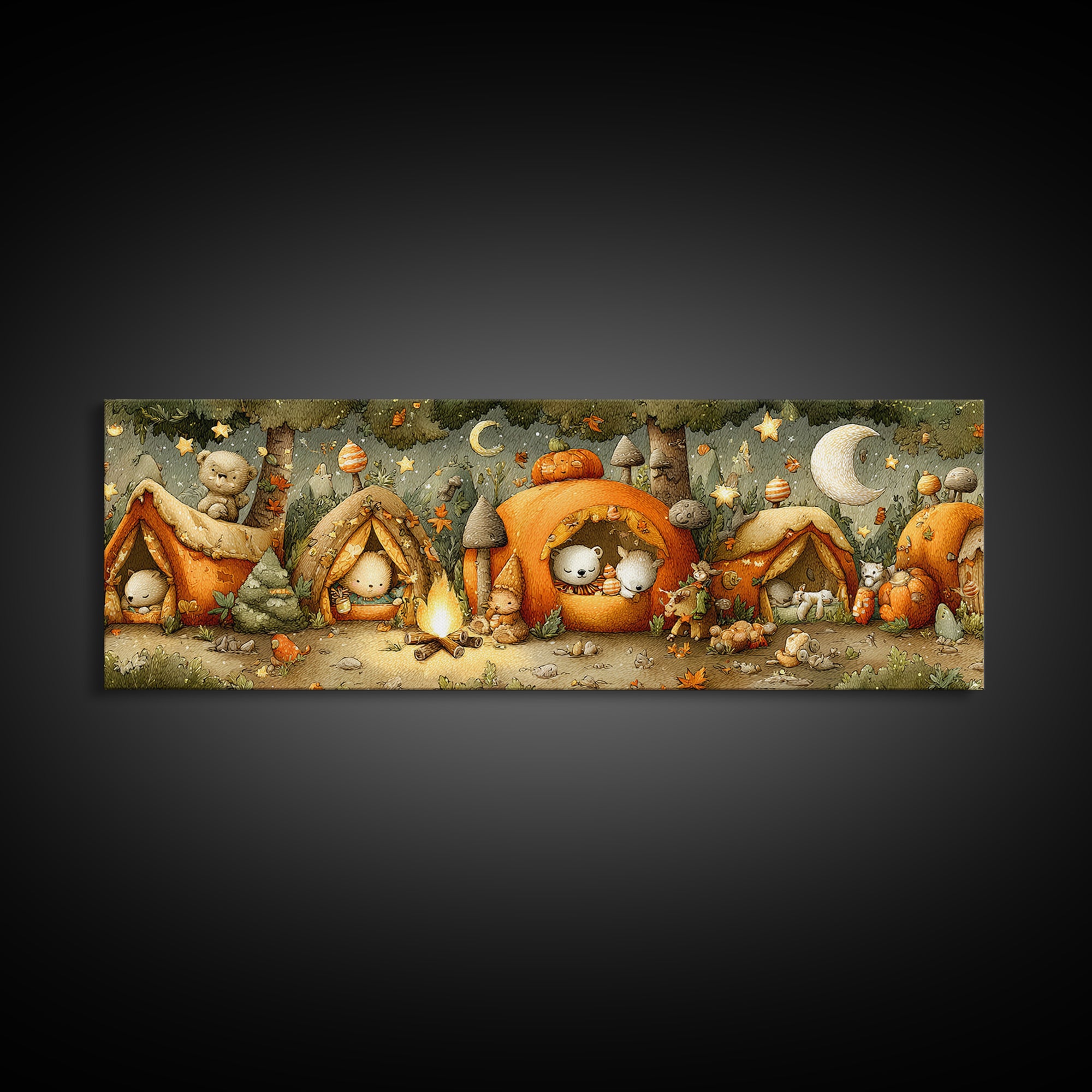 The Pumpkin Campout, Plush Halloween Art, Extra Wide Wall Art, Canvas Print, Cute Halloween Wall Art