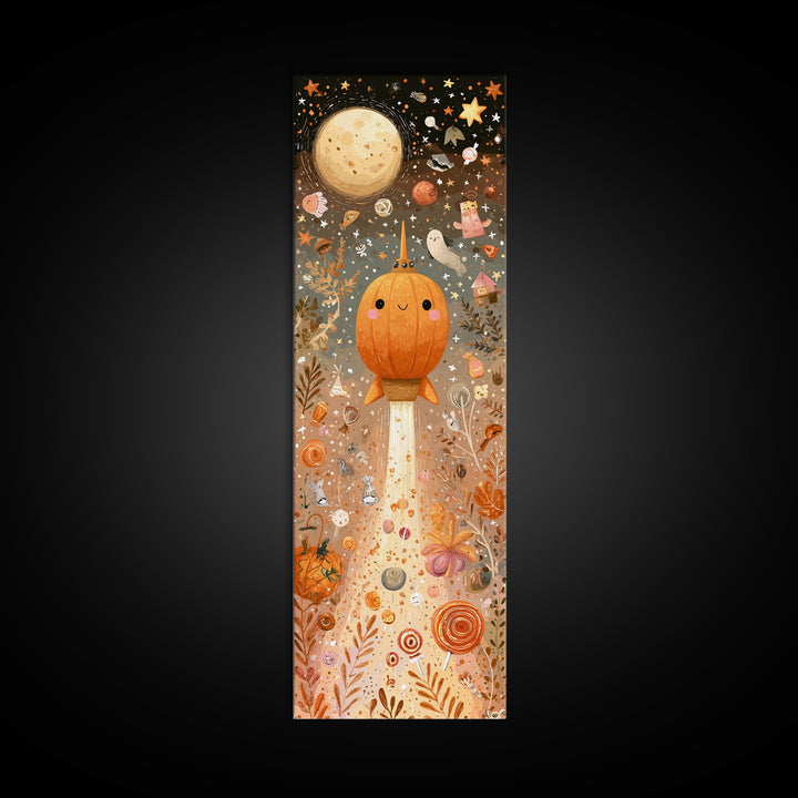 The Pumpkin Rocket Ship, Kawaii Halloween Art, Tall Narrow Wall Art, Framed Canvas Print, Cute Halloween Wall Art