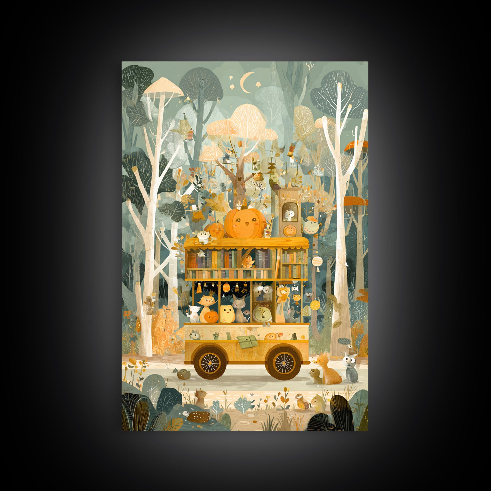 The Pumpkin Bookmobile, Retro Halloween Art, Vertical Wall Art, Canvas Print, Cute Halloween Wall Art