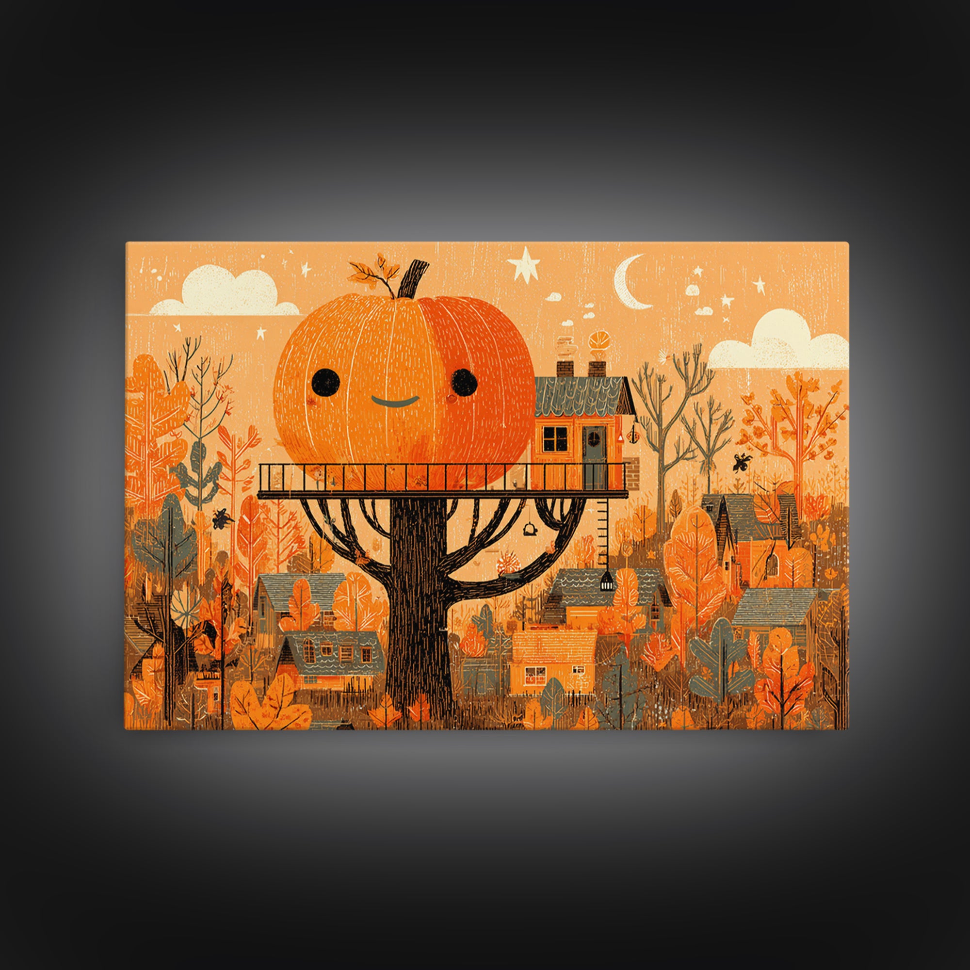 The Pumpkin Treehouse, Screenprint Halloween Art, Landscape Wall Art, Framed Canvas Print, Cute Halloween Wall Art