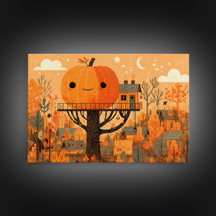 The Pumpkin Treehouse, Screenprint Halloween Art, Landscape Wall Art, Framed Canvas Print, Cute Halloween Wall Art