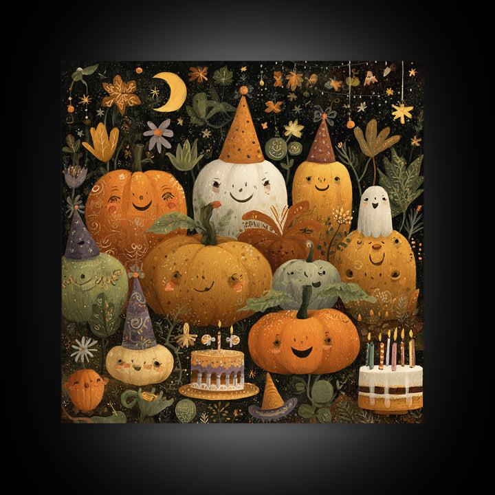The Great Pumpkin Birthday Party, Folk Halloween Art, Square Wall Art, Canvas Print, Cute Halloween Wall Art