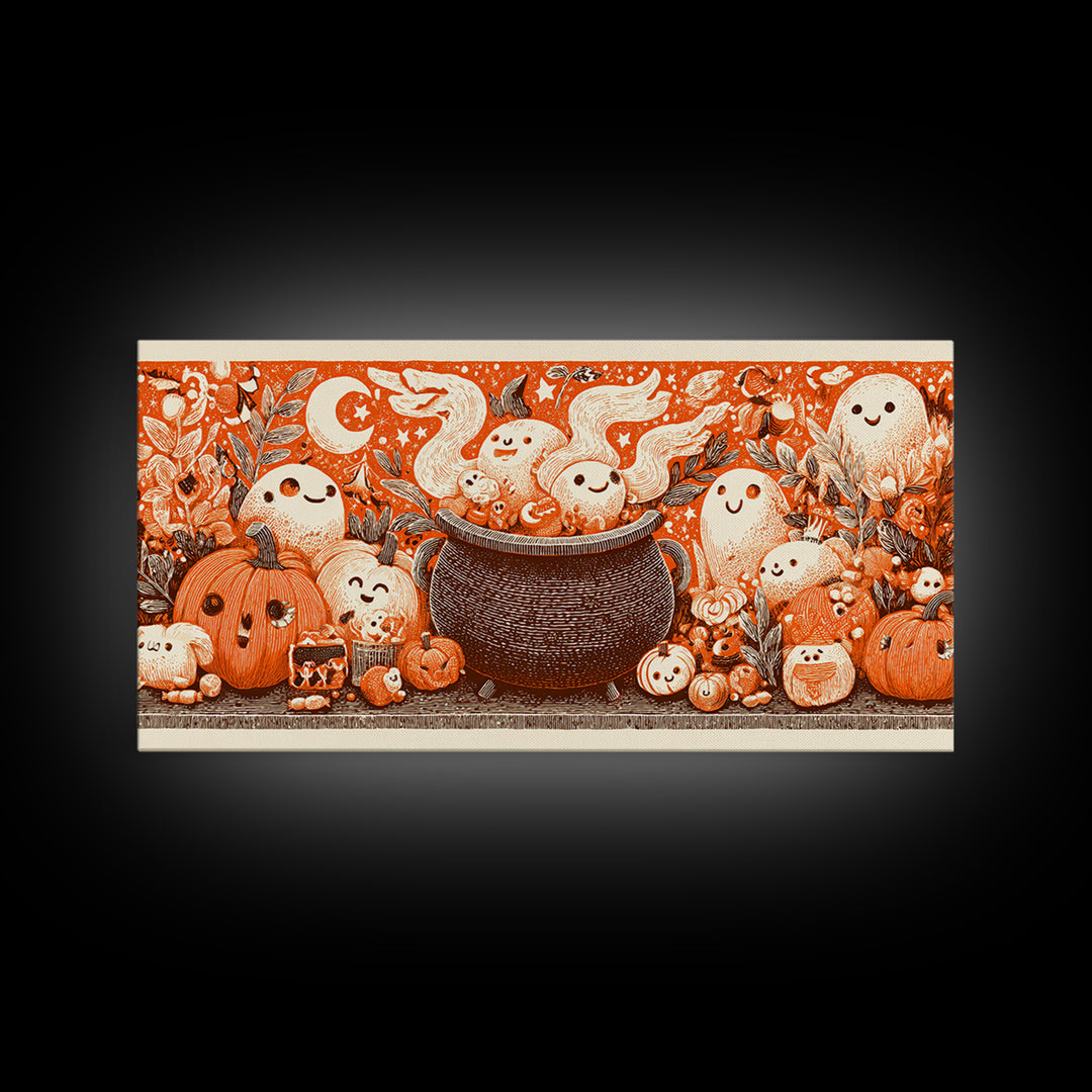 The Cookie Cauldron, Linocut Halloween Art, Wide Panoramic Art, Framed Canvas Print, Cute Halloween Wall Art