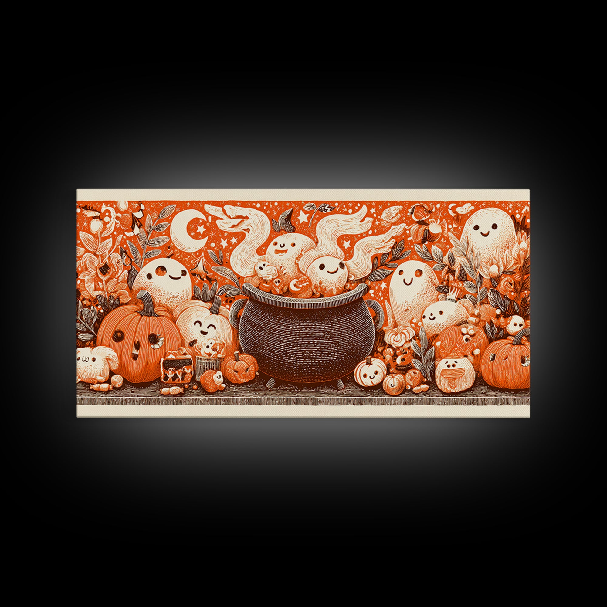 The Cookie Cauldron, Linocut Halloween Art, Wide Panoramic Art, Framed Canvas Print, Cute Halloween Wall Art