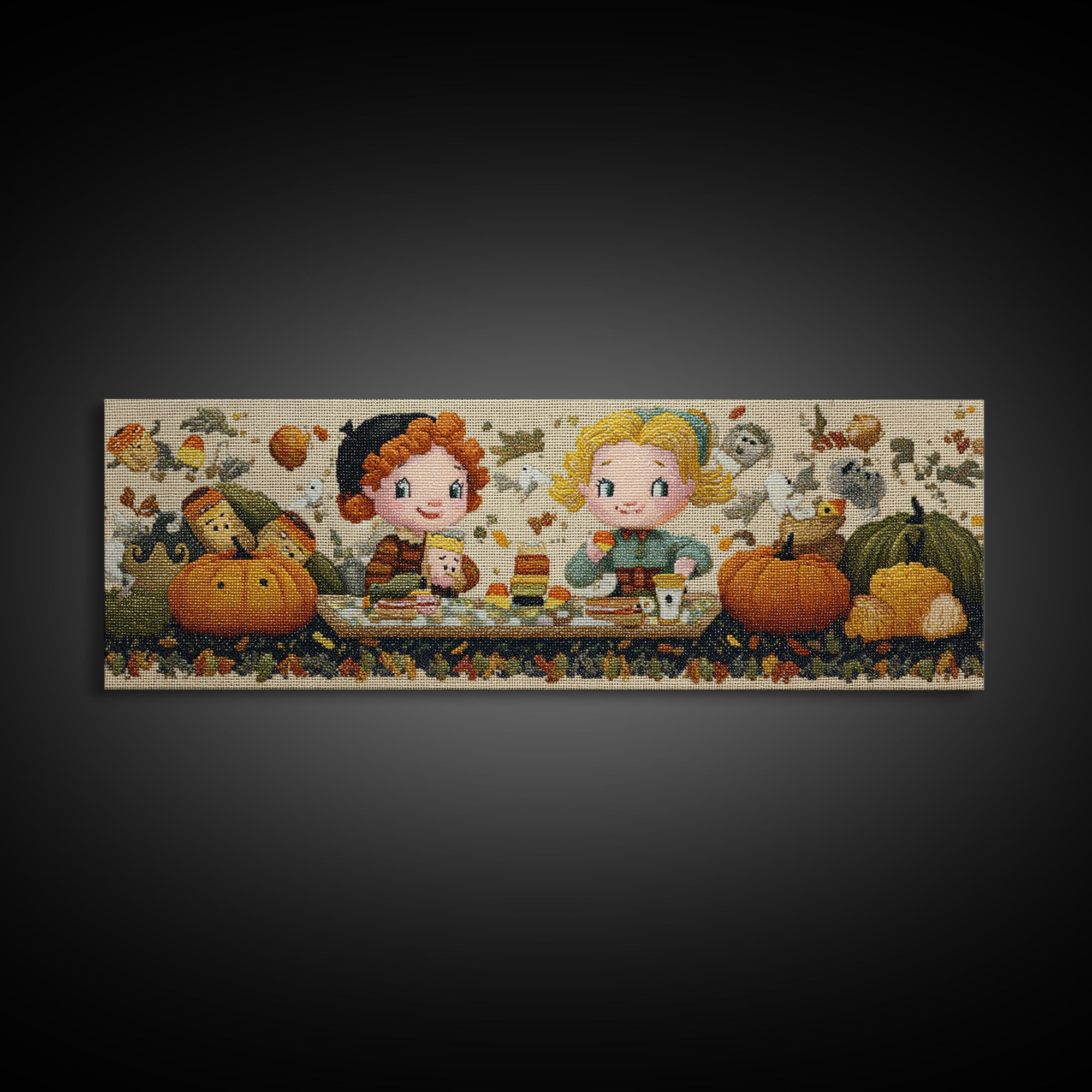The Candy Corn Picnic, Embroidered Halloween Art, Extra Wide Wall Art, Canvas Print, Cute Halloween Wall Art