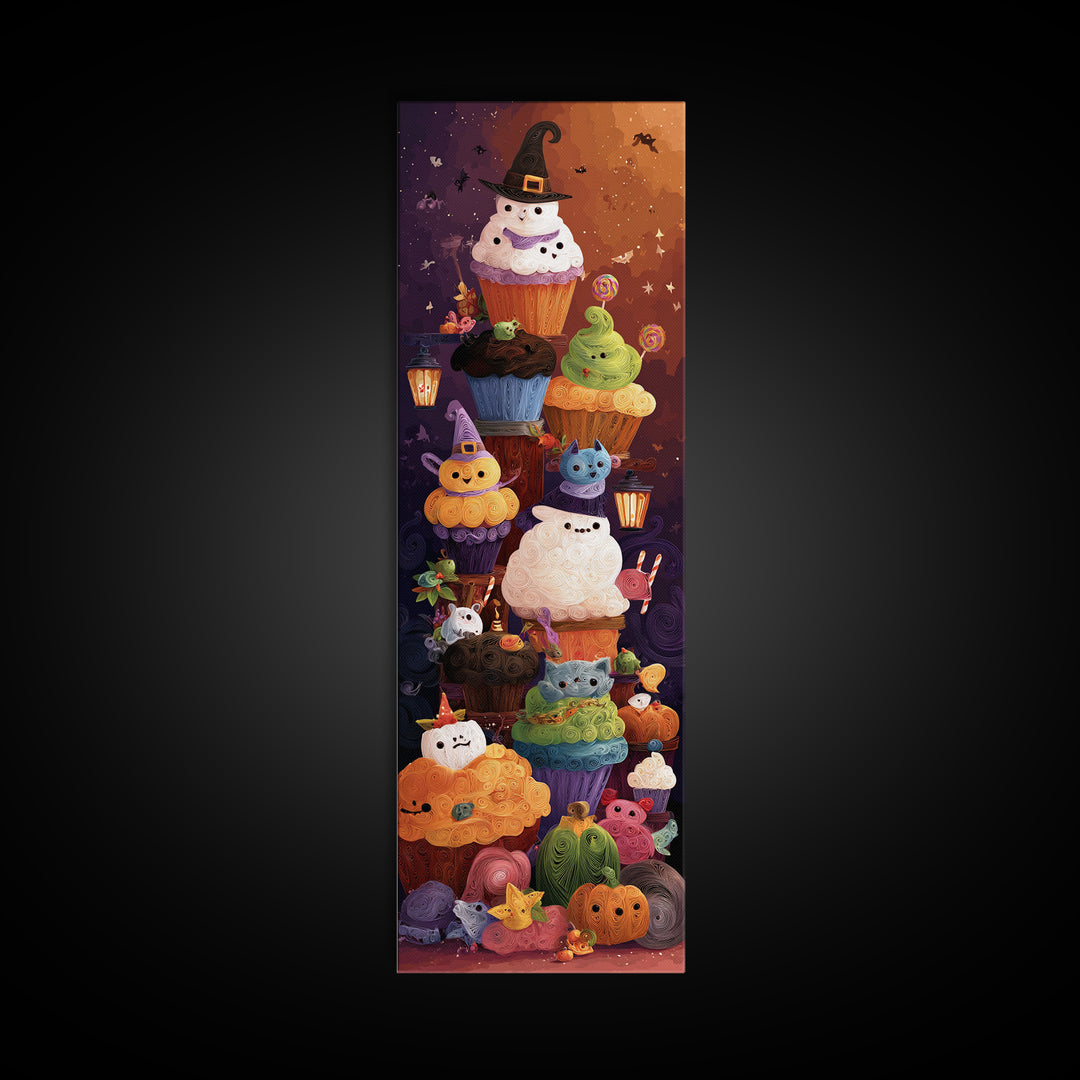 The Cupcake Costume Contest, Quilled Halloween Art, Tall Narrow Wall Art, Framed Canvas Print, Cute Halloween Wall Art