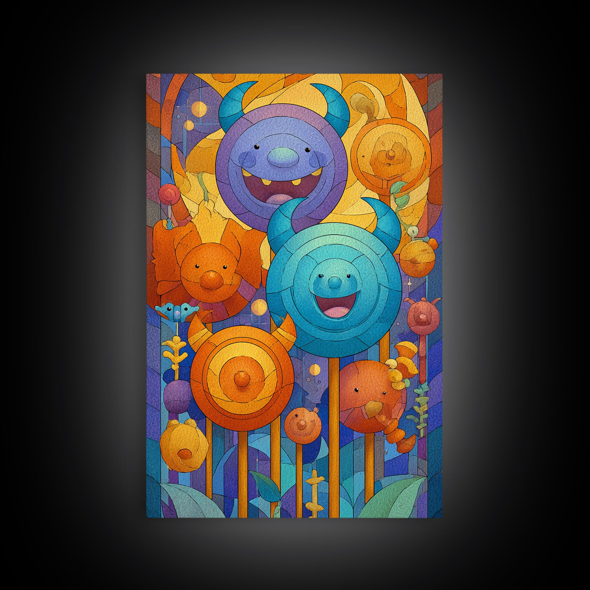 The Friendly Lollipop Monsters, Stained Glass Halloween, Vertical Wall Art, Canvas Print, Cute Halloween Wall Art