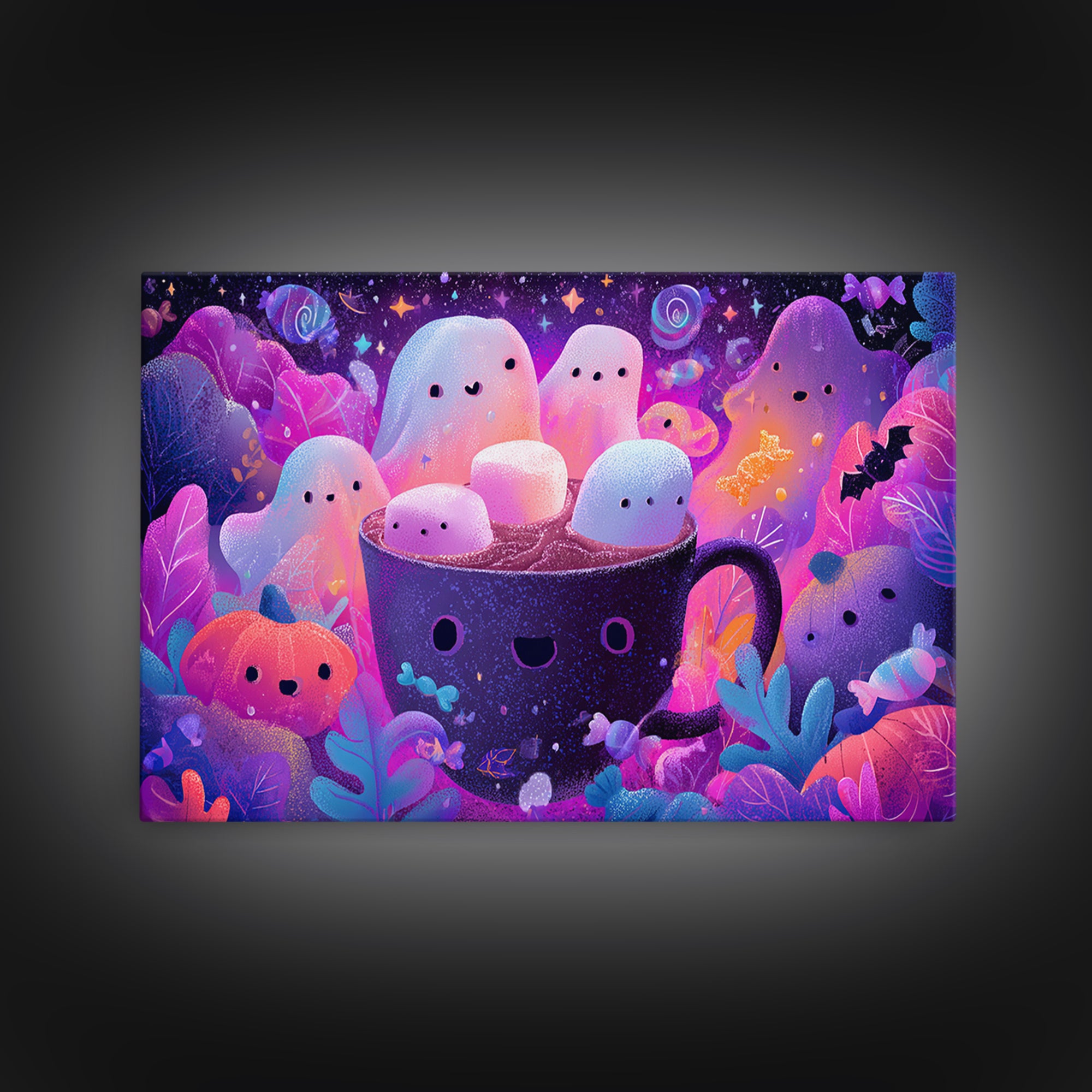 The Marshmallow Ghost Choir, Vaporwave Halloween Art, Landscape Wall Art, Framed Canvas Print, Cute Halloween Wall Art