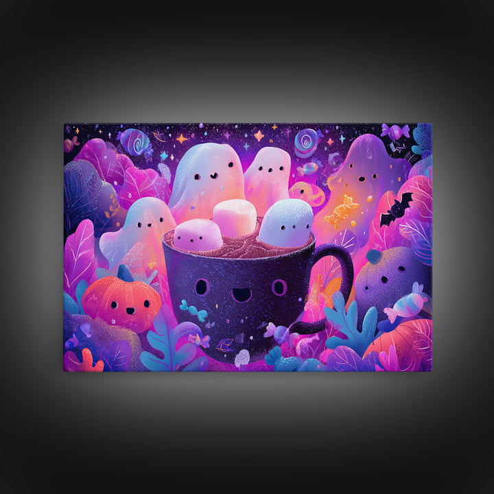 The Marshmallow Ghost Choir, Vaporwave Halloween Art, Landscape Wall Art, Framed Canvas Print, Cute Halloween Wall Art