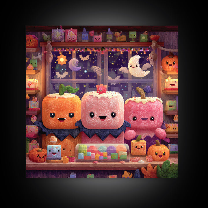 The Donut Vampire Family, Pixel Halloween Art, Square Wall Art, Canvas Print, Cute Halloween Wall Art