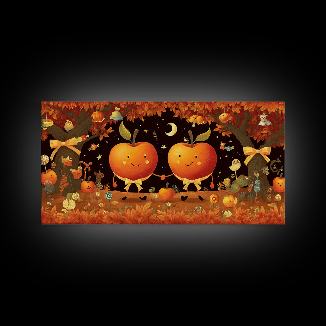 The Caramel Apple Friends, Vector Halloween Art, Wide Panoramic Art, Framed Canvas Print, Cute Halloween Wall Art