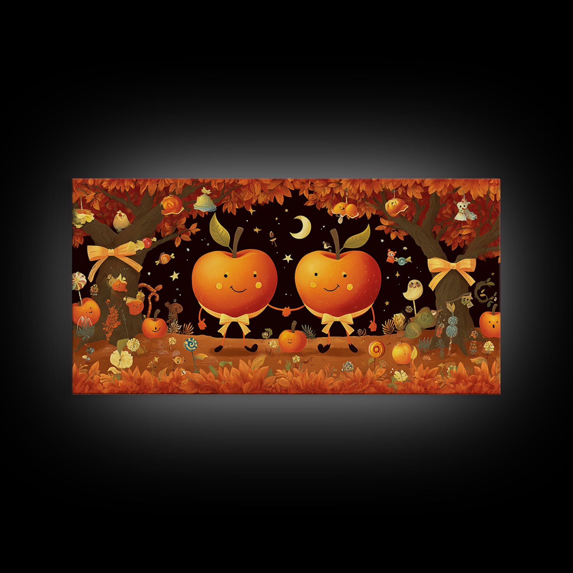 The Caramel Apple Friends, Vector Halloween Art, Wide Panoramic Art, Framed Canvas Print, Cute Halloween Wall Art