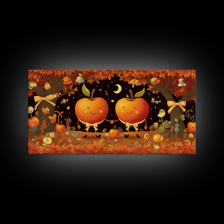 The Caramel Apple Friends, Vector Halloween Art, Wide Panoramic Art, Framed Canvas Print, Cute Halloween Wall Art