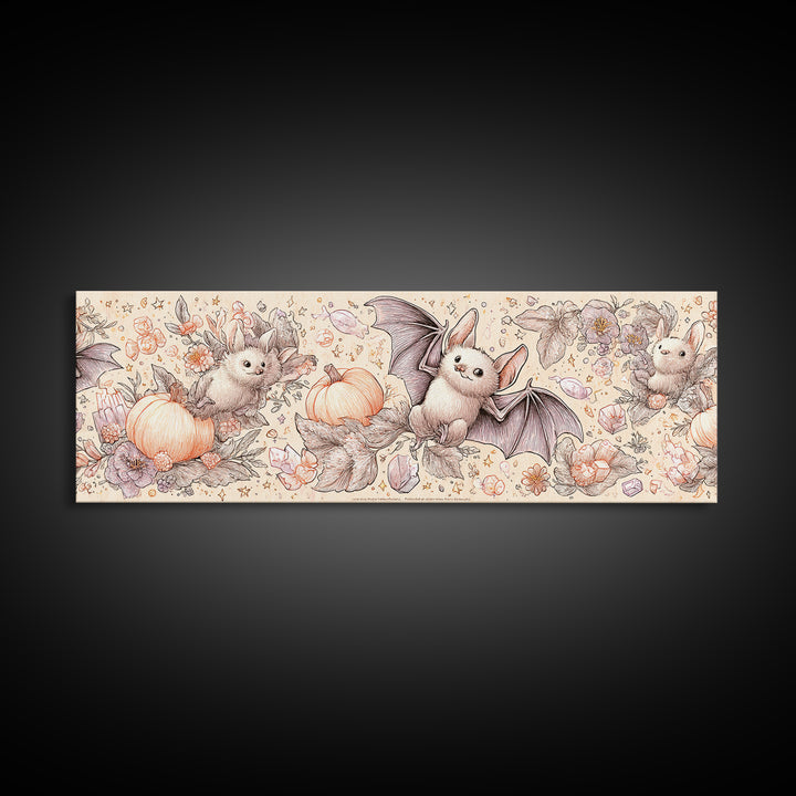 The Gummy Bat Garden, Hand Sketch Halloween Art, Extra Wide Wall Art, Canvas Print, Cute Halloween Wall Art
