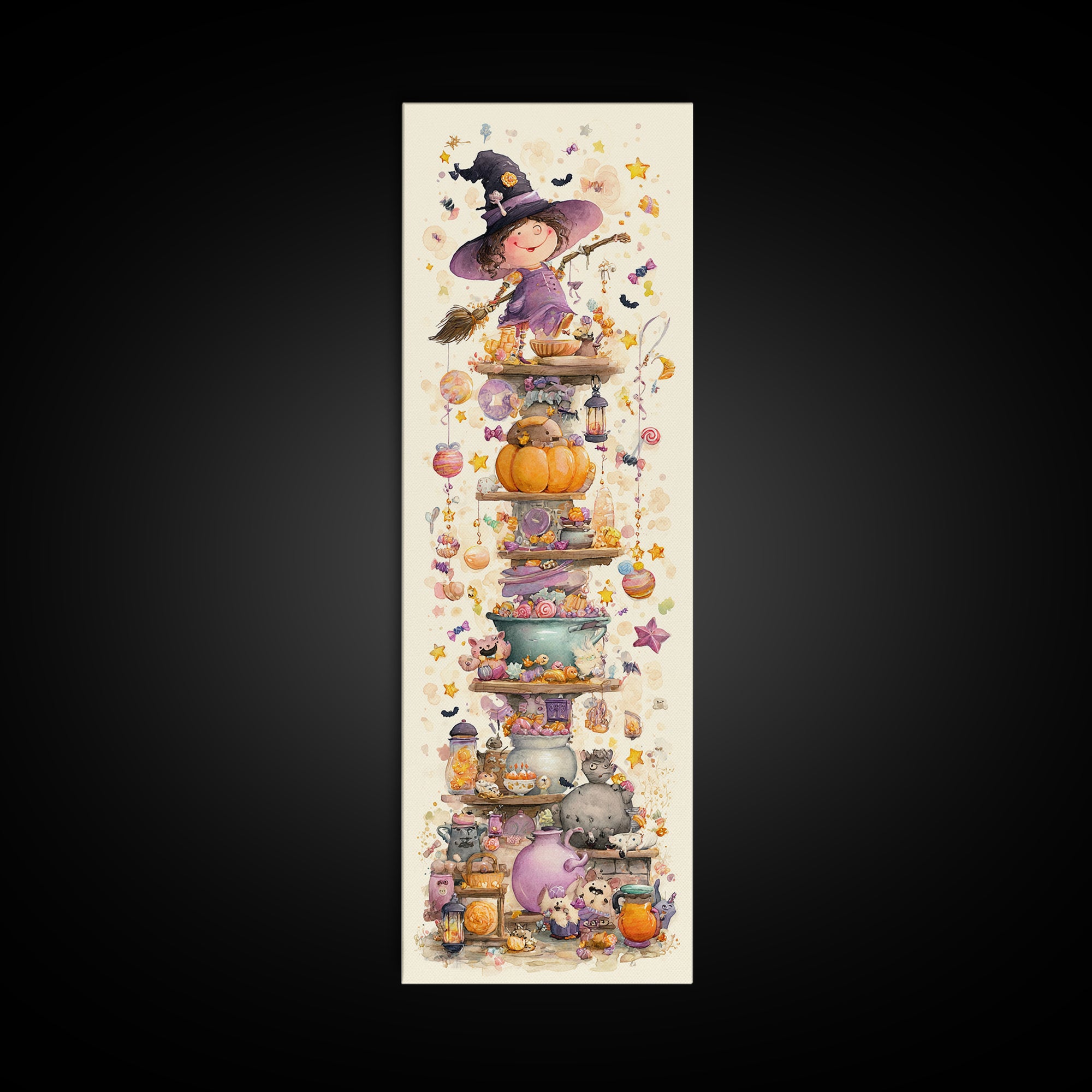 The Candy Witch'S Kitchen, Watercolor Halloween Art, Tall Narrow Wall Art, Framed Canvas Print, Cute Halloween Wall Art