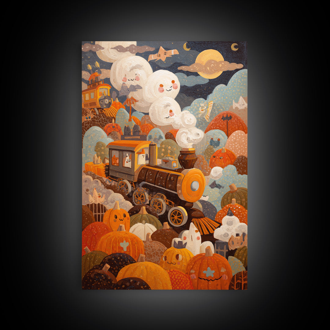 The Chocolate Pumpkin Train, Gouache Halloween Art, Vertical Wall Art, Canvas Print, Cute Halloween Wall Art