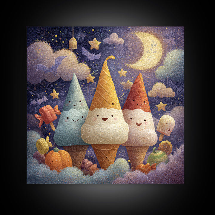 The Ice-Cream Ghost Parade, Pastel Halloween Art, Square Wall Art, Canvas Print, Cute Halloween Wall Art