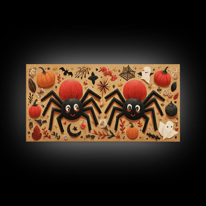 The Licorice Spider Family, Paper Collage Halloween, Wide Panoramic Art, Framed Canvas Print, Cute Halloween Wall Art