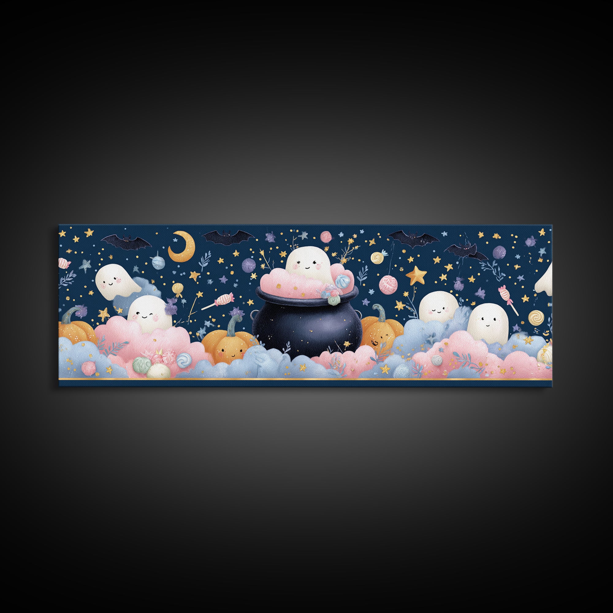 The Cotton-Candy Cauldron, Felt Halloween Art, Extra Wide Wall Art, Canvas Print, Cute Halloween Wall Art