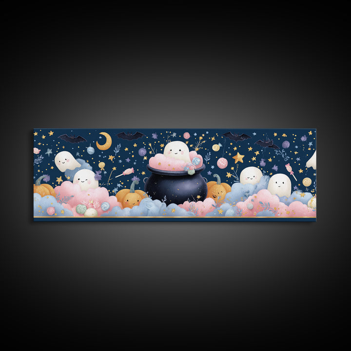 The Cotton-Candy Cauldron, Felt Halloween Art, Extra Wide Wall Art, Canvas Print, Cute Halloween Wall Art