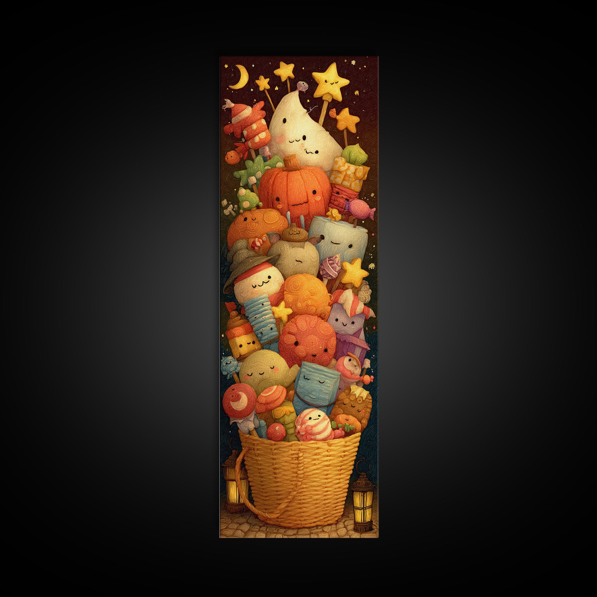 The Candy Basket Sleepover, Clay Halloween Art, Tall Narrow Wall Art, Framed Canvas Print, Cute Halloween Wall Art