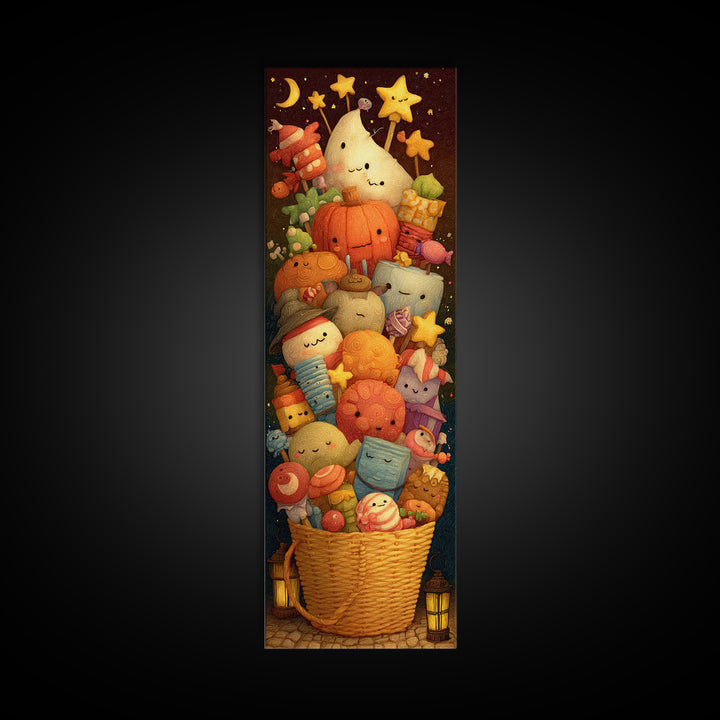 The Candy Basket Sleepover, Clay Halloween Art, Tall Narrow Wall Art, Framed Canvas Print, Cute Halloween Wall Art