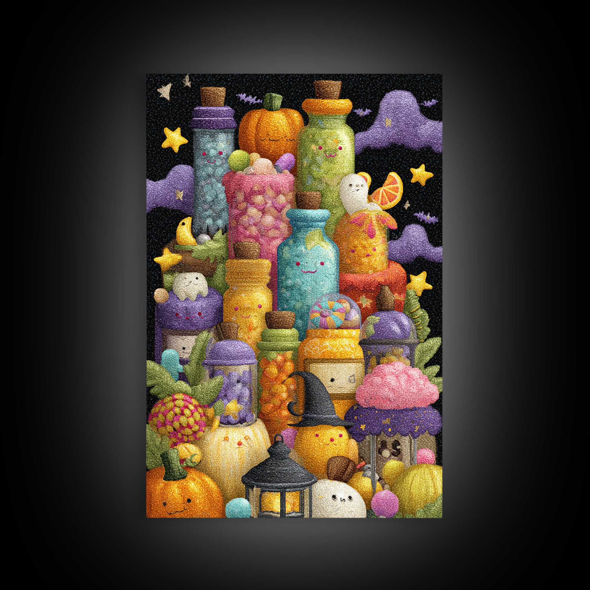 The Jellybean Potion Shop, Plush Halloween Art, Vertical Wall Art, Canvas Print, Cute Halloween Wall Art