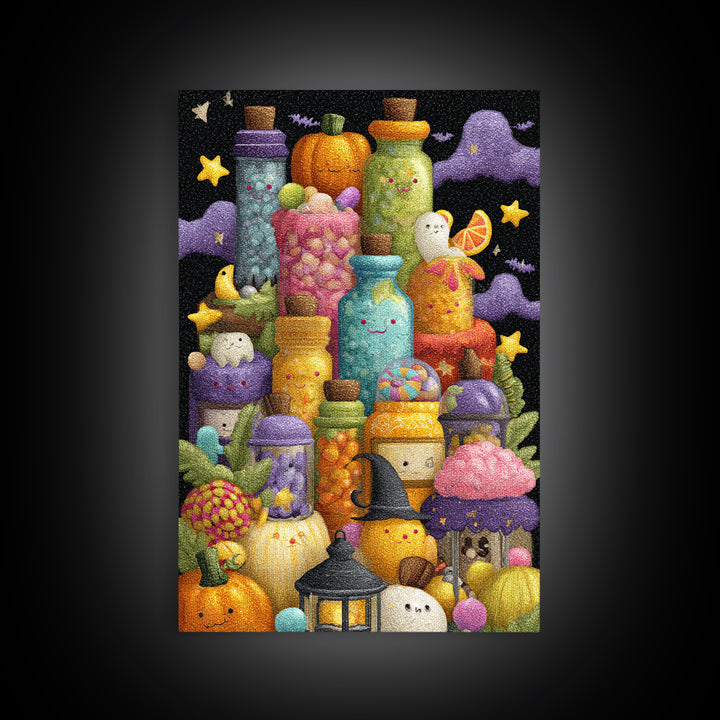 The Jellybean Potion Shop, Plush Halloween Art, Vertical Wall Art, Canvas Print, Cute Halloween Wall Art