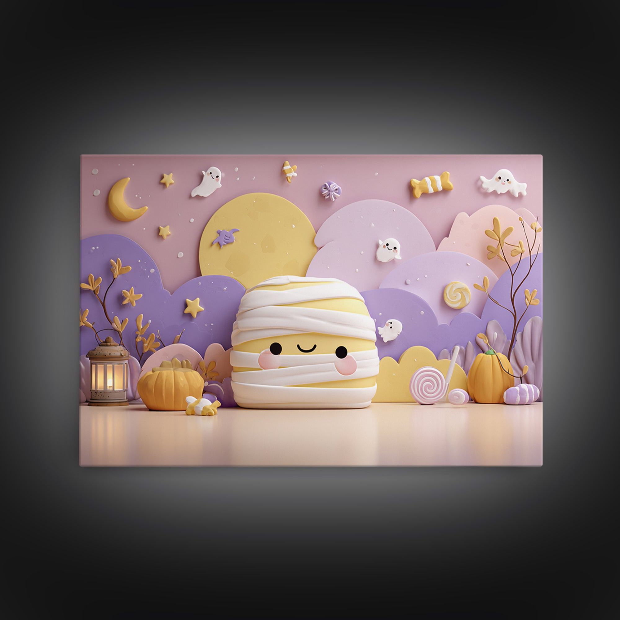 The Popcorn Mummy, Kawaii Halloween Art, Landscape Wall Art, Framed Canvas Print, Cute Halloween Wall Art