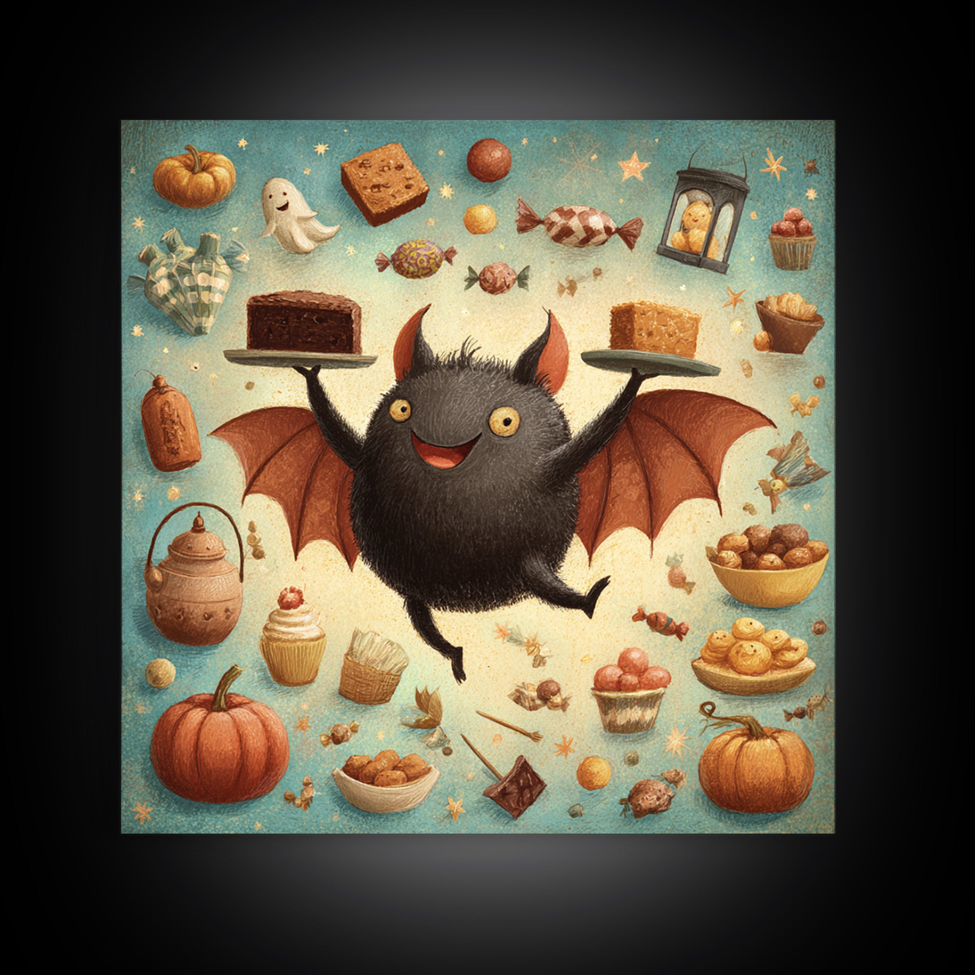 The Brownie Bat Bakery, Retro Halloween Art, Square Wall Art, Canvas Print, Cute Halloween Wall Art, Halloween Kids Decor